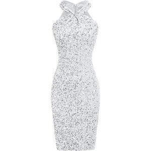 Womens Sequin Dress Sleeveless Sparkly Glitter Halter White
